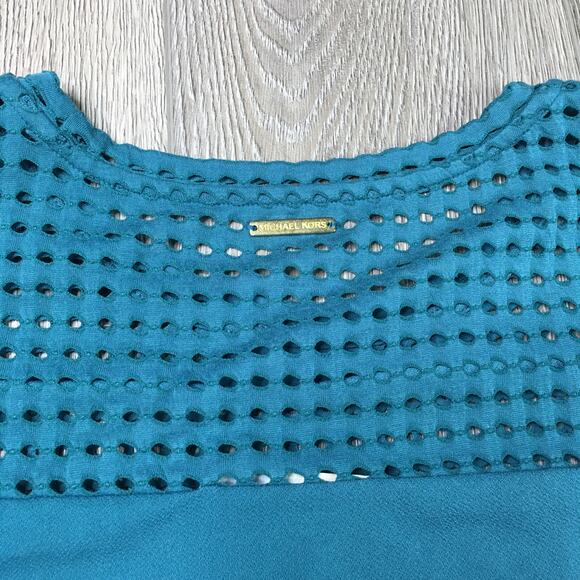 NWT Michael Kors Eyelet Mesh Top Flutter Mini Sheath Dress Dark Cyan Medium - Picture 5 of 7